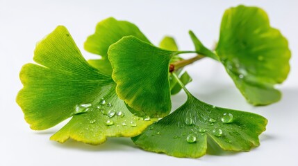Fresh Ginkgo biloba leaves with water droplets isolated on white background
