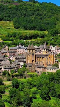 aerial view of Conques village, one of most beautiful village in France