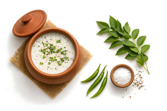 Traditional Spiced Buttermilk in Clay Pot with Green Chilies Curry Leaves and Sea Salt on White