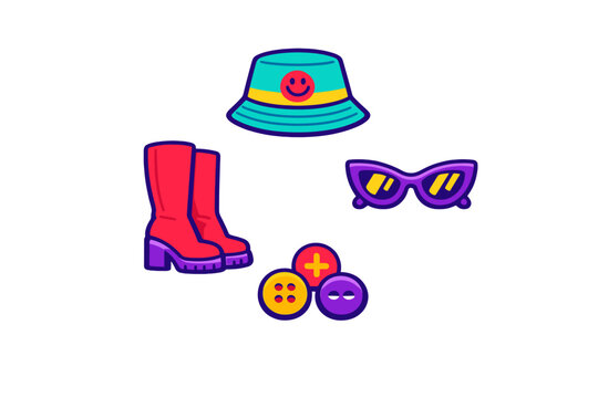 A collection of vibrant fashion accessories including a teal bucket