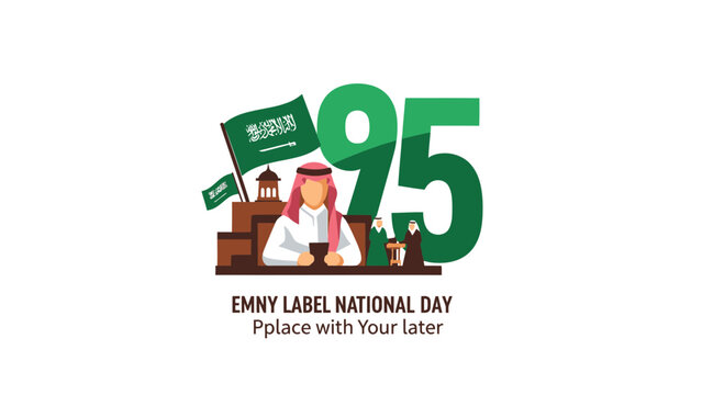 Saudi National Day 95th Celebration Vector Illustration with Traditional Saudi Man and Flag, Copy Space for Text
