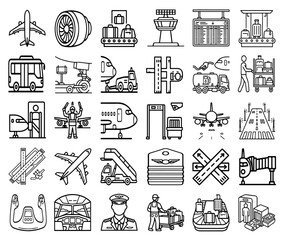 Fototapeta premium Airport and Aviation Line Icons Set, Air Travel Transportation Outline Vector Collection with Airplane, Runway, Radar, Baggage, Pilot, Security, Boarding Gate and Ground Service Equipment
