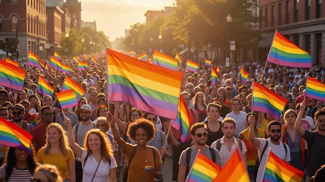 A vibrant crowd of diverse people marching down a city street, proudly waving numerous rainbow flags during a sunny outdoor parade or celebration.