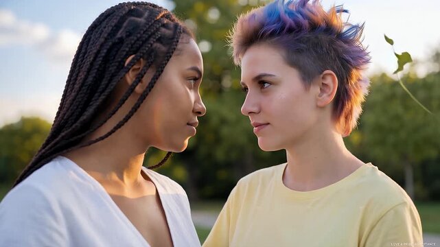 Two young women with different hairstyles looking at each other outdoors in natural light.