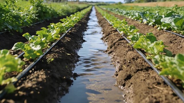 Water flowing through irrigation furrow between vegetable rows with drip lines on sunny farmland, demonstrating modern agriculture, efficient watering, crop cultivation, food production, and rural sus