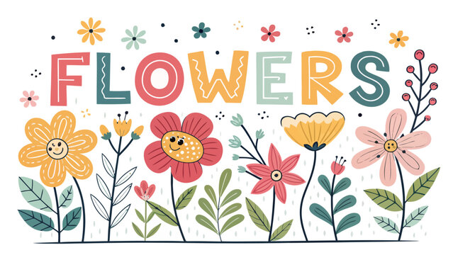 Vibrant colorful flowers with playful typography on white background for design projects and creative use