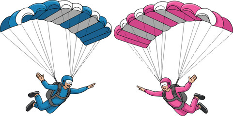 Two skydivers descending with colorful parachutes in a playful cartoon illustration depicting adventure, extreme sports, and outdoor fun vector art © MDABU