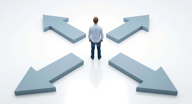 A man standing in the center of giant arrows pointing in four different directions. An image exploring themes of decision-making, career choices, confusion, and determining one&rsquo;s life path.