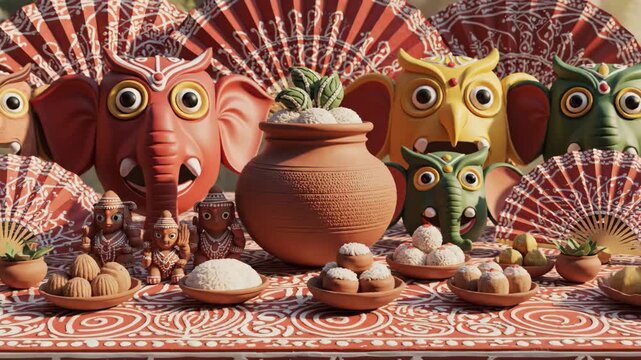 Festive pohela boishakh display of traditional bengali clay crafts and sweets, celebrating bangla noboborsho's renewal.
