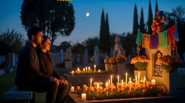 A couple sits by a candlelit grave adorned with marigolds in a cemetery at night, under a crescent moon, observing a cultural tradition.