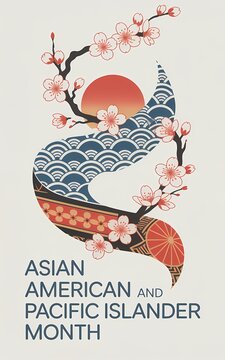 Asian American and Pacific Islander Month design with waves sun and cherry blossoms