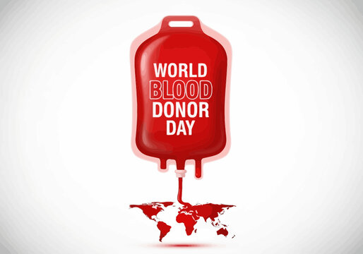 World blood donor day poster with red blood bag and map