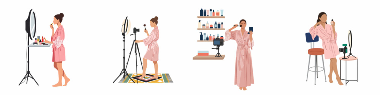 Set of illustrations depicting a female beauty blogger recording makeup and skincare tutorials with professional camera and ring light equipment for social media.