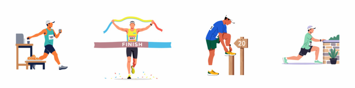 Vector set of marathon runner characters in various stages of a race, including hydration, finishing the line, tying shoes, and stretching.