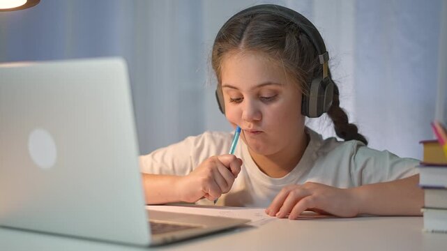 Child writes homework by laptop. Headphones help child focus on homework task. Student uses lamp, laptop and books. Child education depends on good study. Homework keeps child mind active and sharp