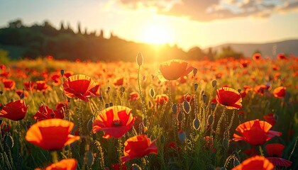 Fototapeta premium Sunlit field of red poppies blooms at sunset, with rolling hills in the distance