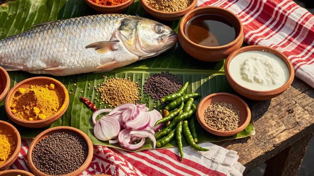 Vibrant overhead shot of traditional hilsa fish and spices laid out on a banana leaf for pohela boishakh celebration.