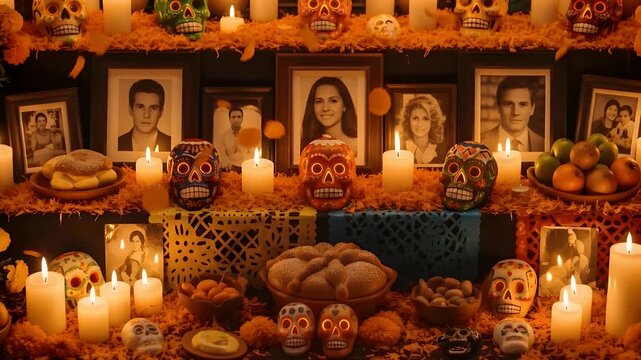 A vibrant Day of the Dead altar adorned with marigolds, candles, sugar skulls, and framed photos of loved ones.