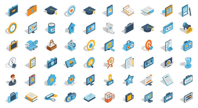 Isometric icons representing education technology and business detailed silhouette high quality
