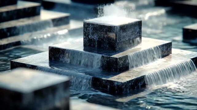 Water cascading over geometric stone structures in park
