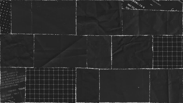 Textured black paper collage with torn edges and subtle white grid design