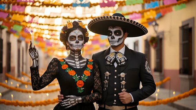 A couple in traditional Day of the Dead Catrina and Charro costumes with skull face paint, standing in a decorated Mexican street.