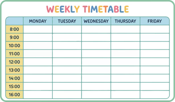 Blank School Timetable Schedule Grid Flat Vector Education Illustration
