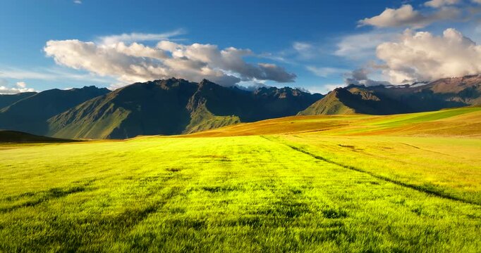 Scenic lush landscape and mountains of Sacred Valley in Maras district. Aerial