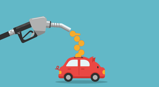 Fuel nozzle filling red car with money, saving gas, financial growth concept, eco friendly transportation