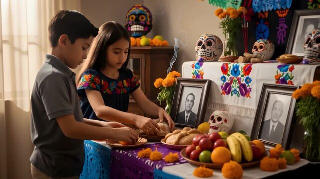 Two children, a boy and a girl, carefully arrange offerings on a vibrant Day of the Dead altar adorned with marigolds, sugar skulls, and pan de muerto.