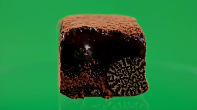 A Luxurious Black Truffle Chocolate Ganache Cube Dessert with Rich Cocoa Powder and Glaze Isolated on a Green Screen Background in a Studio Setting