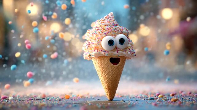 Whimsical ice cream cone character in vibrant setting