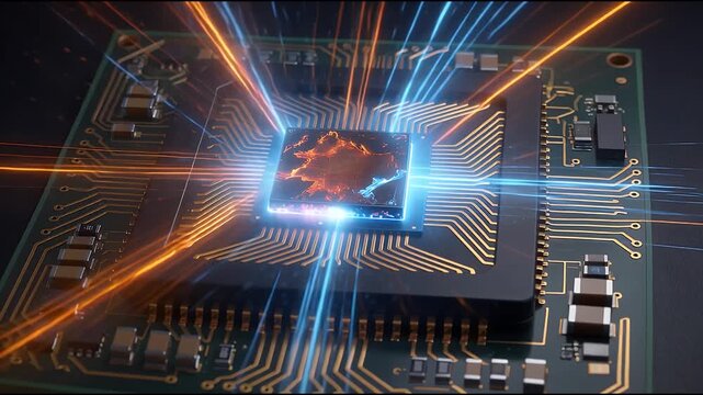 Close-up view of a glowing microchip on a circuit board with vibrant light beams representing data flow and advanced technology.