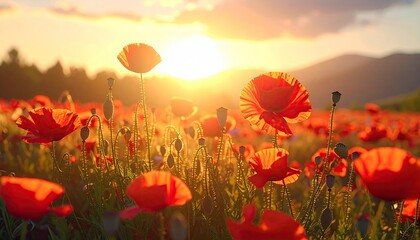 Fototapeta premium Field of red flowers glows with sunlight as the sun sets over distant hills