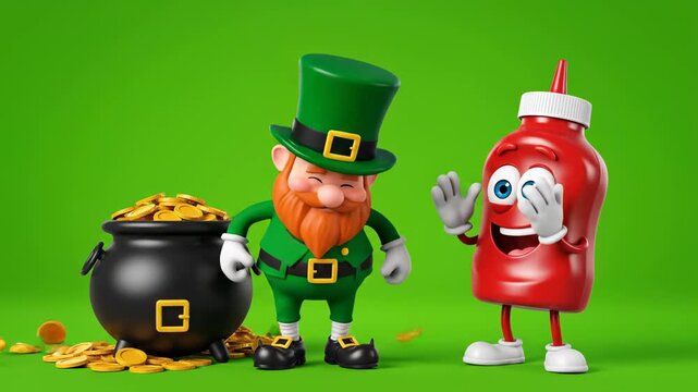 3d st patricks day celebration leprechaun with pot of gold and cartoon ketchup bottle on green background