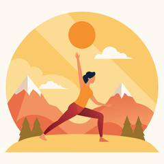 illustration of a yogi performing sun salutation pose facing a rising sun over mountains.