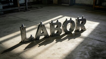 The word &ldquo;LABOR&rdquo; built from steel plates