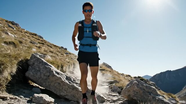 Man Running on Mountain Trail With Backpack, Sunny Day, Outdoor Sports