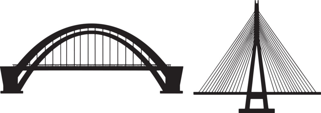 different types of bridges, suspension, arch, and truss bridge silhouettes.