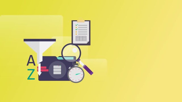 Data analysis and workflow illustration with checklist magnifying glass and stopwatch