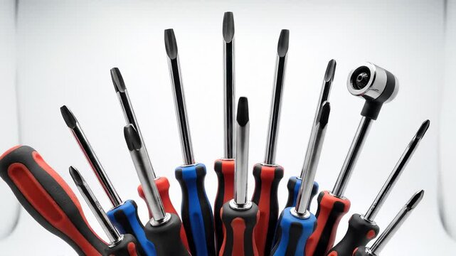 Collection of Screwdrivers Arranged in a Fan Shape Against a White Background