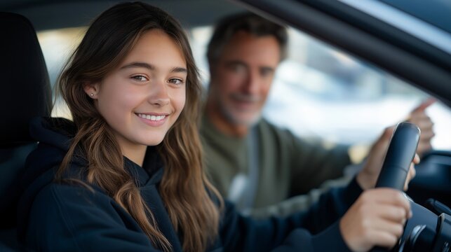 Teenage girl gripping steering wheel white-knuckled in parking lot while father gestures calmly from passenger seat during first parallel parking attempt, perfect for driving school, parent