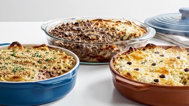 Three Delicious Baked Casseroles Ready to Serve on a White Table