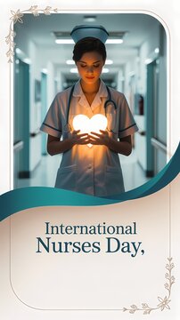 International Nurses Day glowing heart nurse in hospital corridor with compassionate care theme