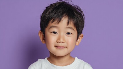 A young Asian boy with short black hair smiles against a purple background. He wears a white shirt and has a cheerful expression.