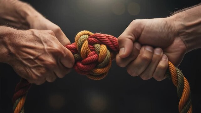 Closeup of hands pulling a colorful knotted rope symbolizing teamwork conflict and strength