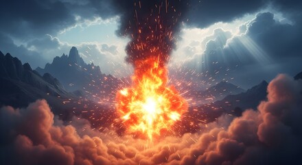 Fototapeta premium Nuclear style explosion over mountain valley with massive mushroom cloud and bright white light core illuminating surrounding peaks and heavy low hanging clouds in dramatic daylight scene