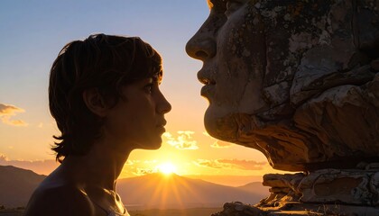 Fototapeta premium A young boy faces a giant stone statue at sunset