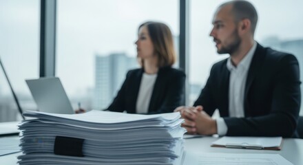Fototapeta premium Business professionals reviewing documents in modern office with city view