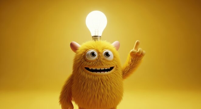 Cartoon character with lightbulb head waving hand isolated on yellow background